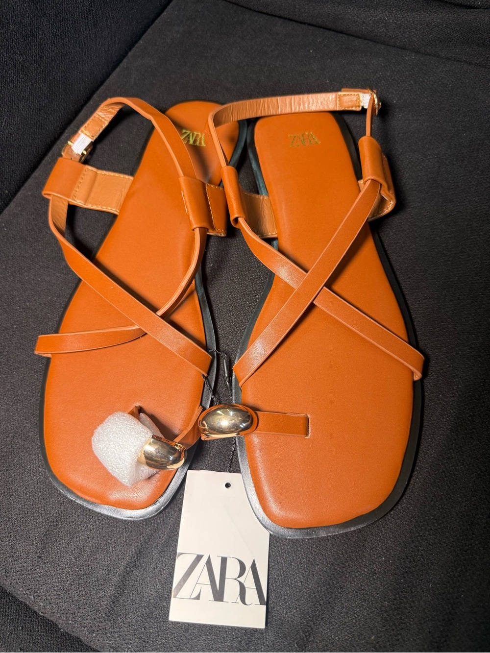 Zara Women's Cognac Strappy Toe-Ring Flat Sandals with Gold Accent